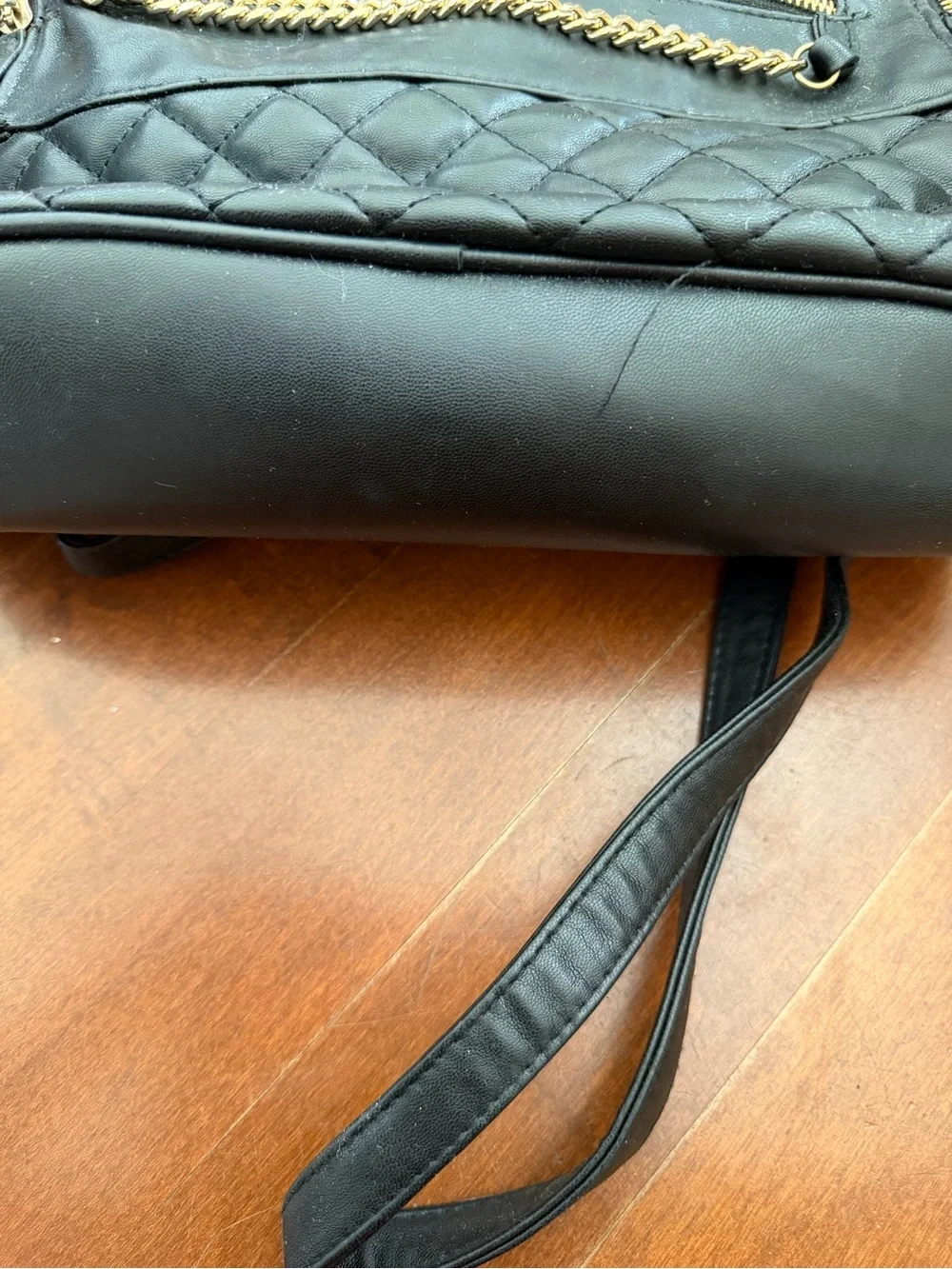 bebe Black Quilted Faux-Leather Backpack with Gold Chain & Plaque